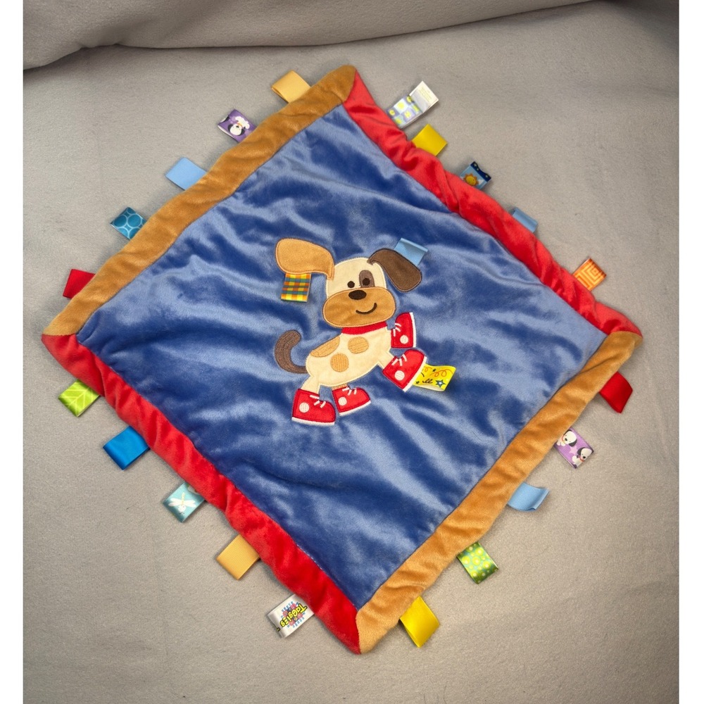Taggies Puppy Dog‎ Baby Lovey Security Blanket Blue Red Tan Sensory Ribbon 13.5